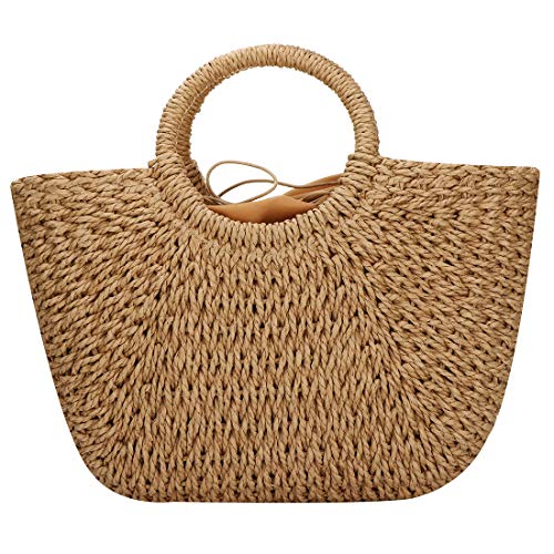 YYW Straw Bags for Women,Hand-woven Straw Large Bag Round Handle Ring Tote Retro Summer Beach Rattan bag (khaki brown)