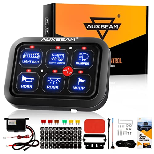 Auxbeam 6 Gang Switch Panel BC60 Universal Circuit Control Relay System Automatic Dimmable LED Switch Pod Touch Control Panel Switch Relay Box for Car Truck Pickup Boat UTV SUV-Blue, 2 Year Warranty