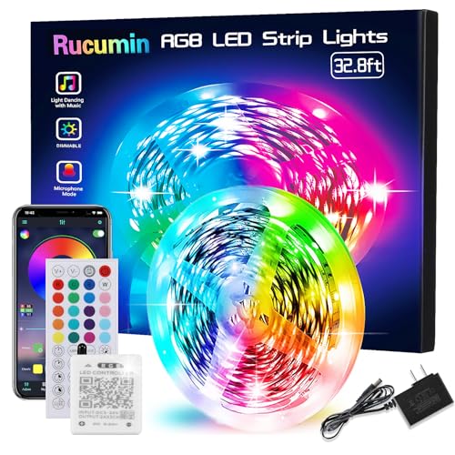 Rucumin 32.8FT Led Lights for Bedroom，Rope Lights，Music Sync Color Changing Led Strip Lights with APP and 44 Keys Remote Control, RGB Led Light Strips for Party Christmas Kitchen Room Decor(32.8FT*1)