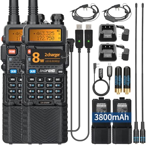 BAOFENG UV-5R Ham Radio 8W Long Range UV5R Dual Band Handheld 3800mAh Extended Battery Rechargeable Walkie Talkies for Adults with Earpiece,USB Charger and Programming Cable Full Kit,2Pack