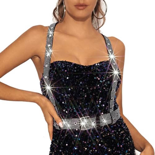 REETAN Women Leather Harness Belt Punk Harness Waist Belts Rhinestone Body Harness Goth Rave Accessories Belts