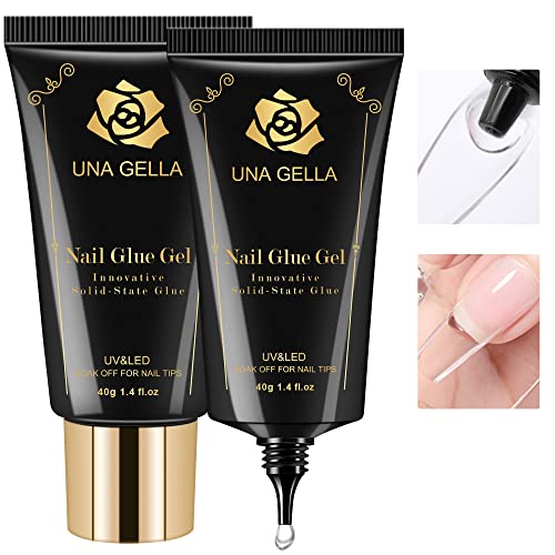 UNA GELLA Solid Nail Tips Glue Gel 2 * 40ml Lamp Curing Needed Soak Off Soft Gel Nail Tips Glue Super Strong Nail Glue Gel for Acrylic Nails Extension Fake Nail Tips Press On Glue for Gel Jelly Tips