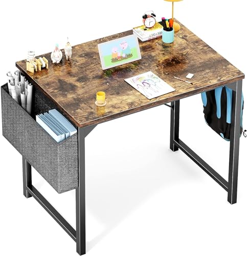 OLIXIS Desk Small Computer Writing Table with Storage and Hooks for Home Office, Kids, Student, Teacher Work Study, 32 Inches, Rustic Brown