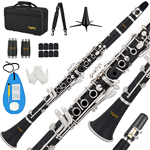 VANPHY Bb Clarinet for Student Beginner, B Flat 17 Nickel-plated Keys Clarinet with Case, Stand, Strap, 2 Barrels, 8 Mouthpiece Cushion, White Gloves, Cleaning Kit (Black)