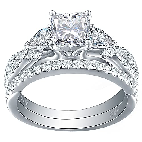 Newshe 1.7ct Princess Pear White AAAAA Cz 925 Sterling Silver Engagement Wedding Ring Set Size 7
