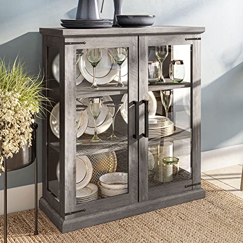 BELLEZE Storage Cabinet with Shelves and Glass Doors Glass Display Cabinet Pantry Cabinet Organizer 3 Tiers Curio Cabinet Hutch Cabinet for Entryway Living Room Hallway Kitchen - Ashford (Gray Wash)