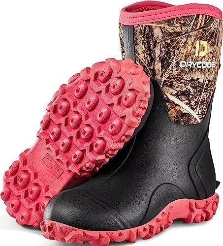 D DRYCODE Rubber Boots for Women, 6mm Neoprene Mid Calf Rain Boots with Steel Shank, Waterproof Insulated Hunting Boots, Mud Work Boots, Pink, Size 5-11