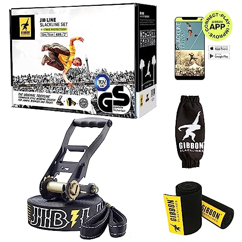 GIBBON Slacklines Jibline with treewear, Black, jumpline, trickline, Advanced, incl. Ratchet Protection and Ratchet with Safety Lock, 2X treewear (Black Felt with Velcro), Perfect Leisure Activity
