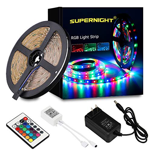 SUPERNIGHT LED Strip Light, 2835 SMD RGB Multi-Color Changing Lights, 16.4ft 300 LEDs Rope with IR Remote Controller, 12V Power Supply for Bedroom, TV-Back Lighting, Halloween, Christmas