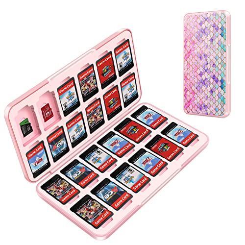 OLDZHU Cute Switch Game Case Holder Compatible with Nintendo Switch&Switch OLED Game,Switch Game Card Case Storage for 24 Games Cartridges and 24 Micro SD Card,Portable Pink Switch Game Case for girls