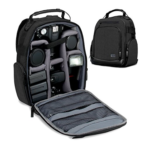 USA Gear Portable Camera Backpack for DSLR (Black) with Customizable Accessory Dividers, Weather Resistant Bottom and Comfortable Back Support - Compatible with Canon, Nikon and More