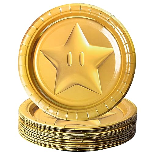 AFZMON Mario Star Party Plates Super Bros Birthday Supplies Dessert Paper Plates, 50pcs 7inch Disposable Round Plate for Kids Superhero Party Tableware Decorations Baby Shower