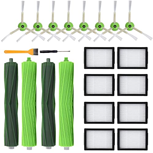 Replacement Parts for iRobot Roomba i7 i7+ i3 i3+ i4 i4+ i6 i6+ i8 i8+ E5 E6 E7 &J7 J7+ Vacuum Cleaner,2 Set Rubber Brushes,8 HEPA Filters, 8 Side Brushes