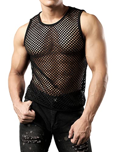 JOGAL Men's Mesh Fishnet Fitted Sleeveless Muscle Top Medium WG01 Black