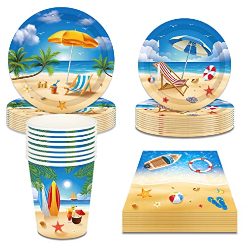 44PCS Beach Party Supplies - LIYDE Hawaiian Beach Party Decorations Pool Party Supplies Disposable Tableware Plates Cups Napkins Summer Beach Theme Party Supplies for kids Birthday Party