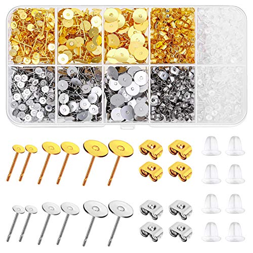 Hypoallergenic Earring Posts and Backs, Caffox 2000pcs Stud Earring Making Kit with Earring Base and Earring Backs for Leather Stud, Clay, Pearl Jewelry Making (Gold & Silver)