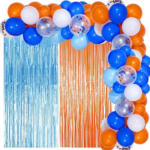 Blue and Orange Party Decoration 63 Pcs Orange and Blue Balloons Garland 2 Pcs Orange Light Blue Foil Fringe Curtain Confetti Balloons for Birthday Party Baby Shower Wedding Anniversary Graduation