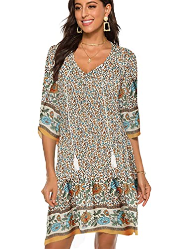 Women's Casual Floral Print Tie Neck Short Sleeve Summer Tunic Boho Dress Plus 2X Beige