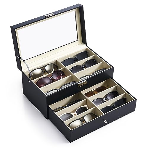 CO-Z Leather Multi Sunglasses Organizer for Women Men, Eyeglasses Eyewear Display Case, Jewelry Watch Organizer, Sunglasses Jewelry Collection Case, Sunglass Glasses Storage Holder Box with 12 Slots