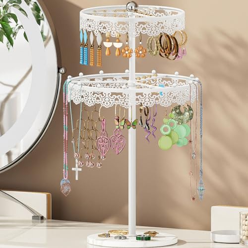 YIUKEA 360 Rotating Earring Holder - Earring Organizer Stand Rack, Jewelry Earring Storage Tree with Mable Base, Necklace Organizer Display for Women Girl (White)