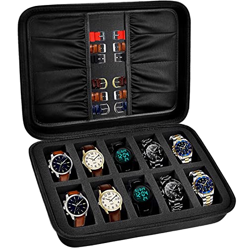 Watch Box Organizer Case, 10 Slots Men Women Display Holder Storage Stand Roll for All Wristwatches, Digital Sports, Smartwatches 42mm, Accessories Pocket for Watch Bands, Cufflink, Jewelry (Bag Only)