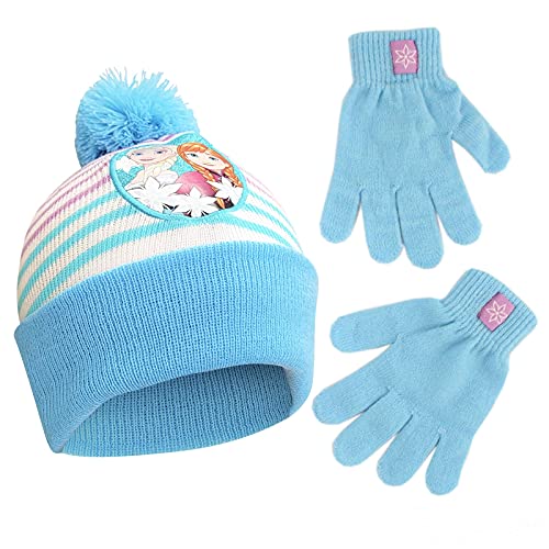Disney Girls' Little Frozen Winter Hat and Kids Gloves Set, Elsa and Anna Beanie for Ages, Blue/White, Age 4-7