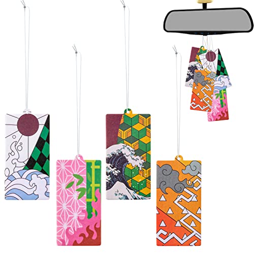 4Pcs Tanjiro Nezuko Anime Car Air Freshener Gift Set, Anime Hanging Air Fresheners for Cars Cartoon Aromatic Incense Chips Office Room Cute Fresheners Rearview Accessories Home Party Supplies