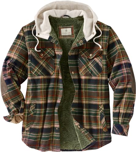 Legendary Whitetails Men's Standard Camp Night Berber Lined Hooded Flannel Shirt Jacket, Stout Plaid, X-Large