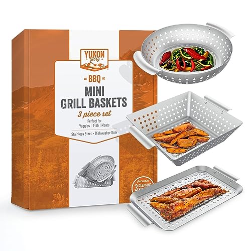 Grill Basket - Yukon Glory 3-Piece Mini Grilling Basket Set - Stainless Steel Perforated Grill Baskets for Grilling Veggies Seafood and Meats Includes Grill Pan - Square Basket and Circular Basket