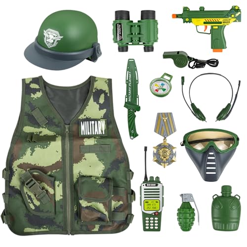 KalaDuck 13 Pcs Army Costume for Boys 6-8 3-5, Kids Army Toys Costume Vest, Military Toys for Kids, Soldier Role Play Toddler Dress Up Clothes with Toy Gun and Accessories,Halloween Costumes for Kids