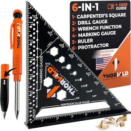 THORVALD 6-in-1 Carpenter Square 7 inch (1/16' Precision) T Square Multi-Purpose Carpenter Tools : Wrench, Square, Protractor, Ruler, Marking Gauge, Drill Gauge, Includes 2-in-1 Carpentry Pencil