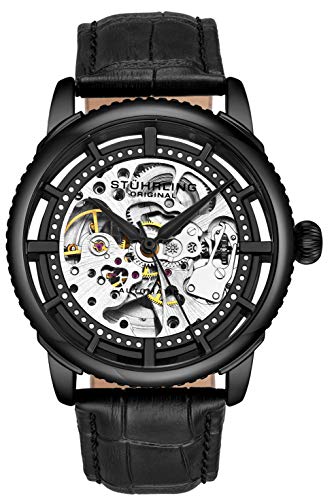 Stuhrling Original Mens Automatic Watch Skeleton Stainless Steel Self Winding Dress Watch with Premium Leather Band Legacy Collection