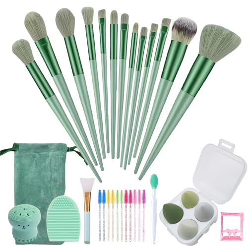 Muhuabeuaty 23 pcs Makeup Brushes Set with Beauty Blender, Foundation Brush Eyeshadow Concealers Powder Brushes, 4 pcs Boxed Makeup Sponges for Professional Makeup Kits (Middle Size, Green)
