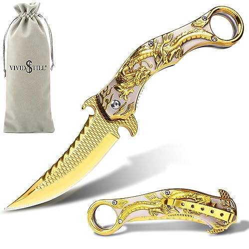 Vividstill Pocket Knife for Men, Cool Folding Knife With 3D Golden Dragon Relief, Great Gift Edc Knife For Men Outdoor Survival Camping Hiking Hunting