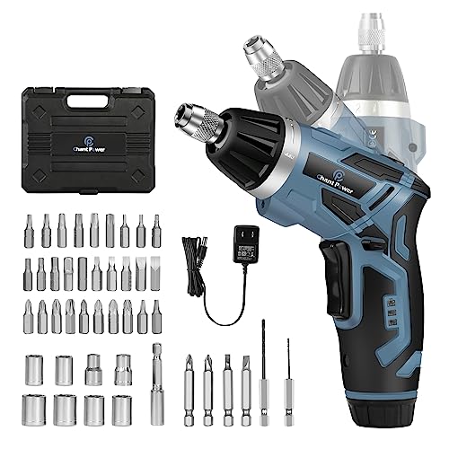 C P CHANTPOWER Cordless Electric Screwdriver Set, 44Pcs 4V Electric Power Screwdriver 6+1 Torque Gears,1/4'' Hex Self-Lock Chuck, Rechargeable lightweight Screwdriver with 2 LED Lights, Carrying Case