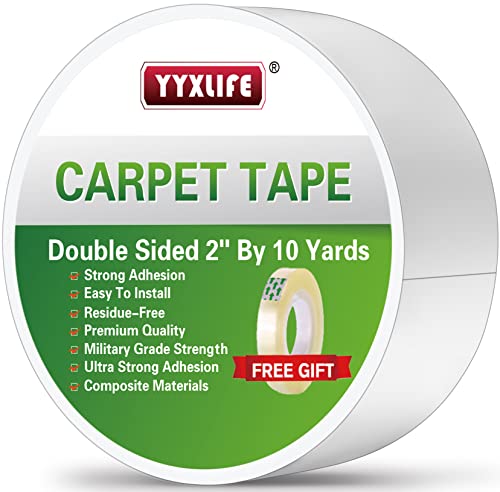 YYXLIFE Double Sided Removable Rug Tape - Carpet Adhesive for Hardwood Floors, 2 Inch x 10 Yards, White