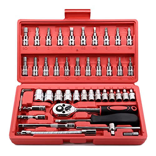Egofine 46 Pieces 1/4 inch Drive Socket Ratchet Wrench Set, with Bit Socket Set Metric and Extension Bar for Auto Repairing and Household, with Storage Case