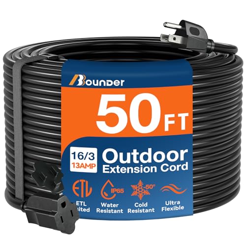 BBOUNDER 50 FT Outdoor Extension Cord Waterproof, Black 16/3 SJTW Heavy Duty 13A 1625W, Flexible 100% Copper 3 Prong Extension Cord for Lawn, Garage
