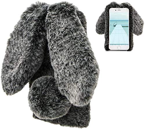LCHDA Rabbit Case for iPhone SE 2nd Generation/iPhone 8/iPhone 7(4.7'), Bunny Ear Case for Girls Fuzzy Cute Warm Winter Soft Furry Fluffy Fur Hair Plush Protective TPU Bumper Skin Cover - Black