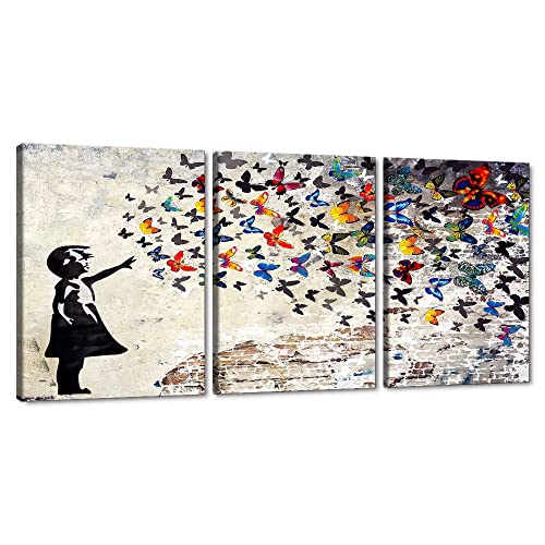 Wall Art Abstract Banksy Canvas Wall Art 3 Pieces Graffiti Poster Colorful Butterfly Painting Prints on Canvas Artwork Home Decor for Living Room Bedroom Office Easy to Hang-36'Wx16'H