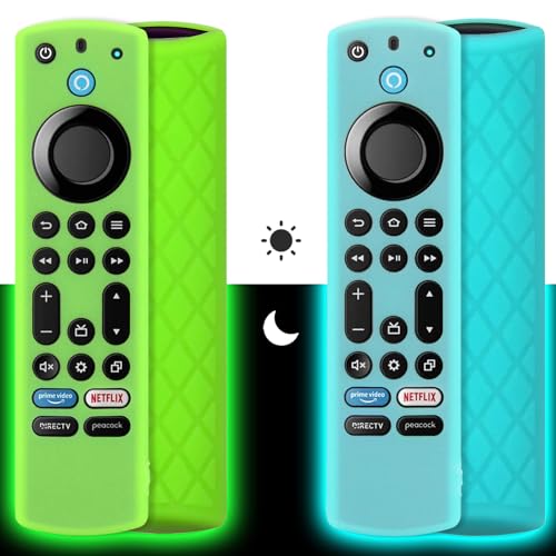 Pinowu Silicone Remote Case (2pcs, Glow in The Dark) for Firestick 4K Max (2nd)/ Toshiba/Insignia/Pioneer/Omni (QLED) Series Alexa Voice Remote Enhanced w/Lanyard (Green + Turquoise)