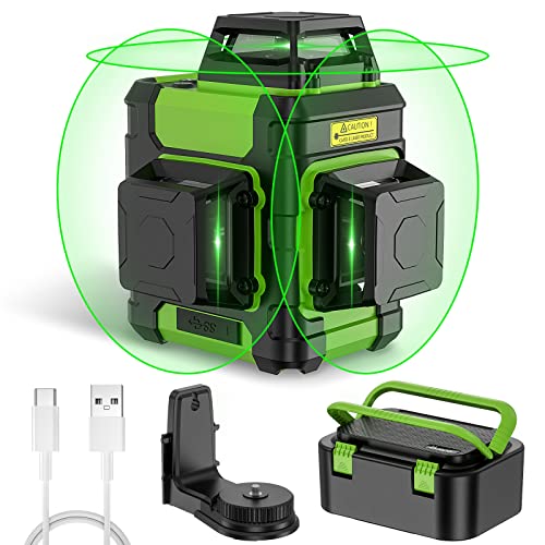 Huepar Laser Level Self Leveling 3x360 3D Cross Line Laser Green Beam Three Plane Leveling Alignment Laser Tool with Pulse Mode, Rechargeable Li-ion Battery, Portable Hard Carry Case Included - HM03CG