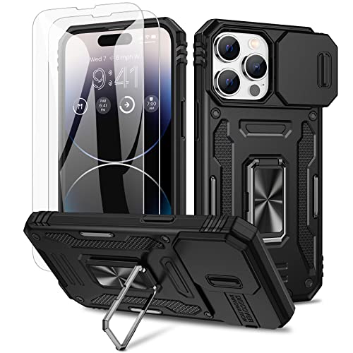 Maxdara for iPhone 14 Pro Max Case, with Slide Camera Cover & Built-in 360° Rotating Kickstand & Front Glass Screen Protector Protective Phone Case for iPhone 14 ProMax 6.7 inch, Black