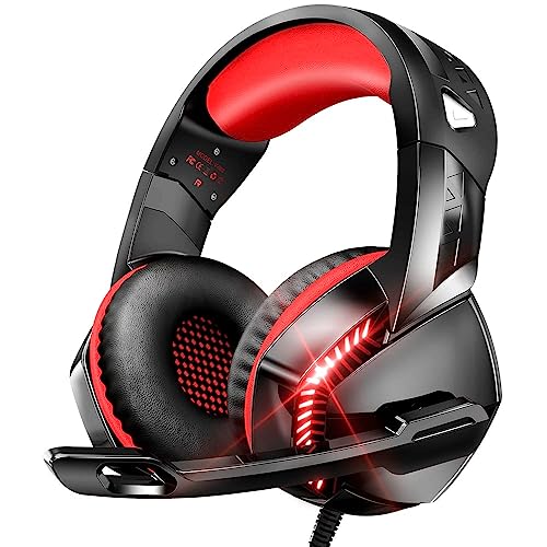 VersionTECH. Gaming Headset for PS5/ PS4/ Xbox One/PC, Noise Canceling Over-Ear Headphones with Mic, LED Lights & Volume Console for Xbox 1 S/X, Playstation 5/4/Slim/Pro, Switch, Computer -Red