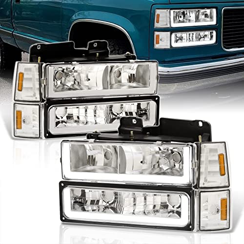 AJP Distributors LED DRL Headlights + Corner Bumper Lamps Compatible/Replacement For C10 C/K C1500 C2500 C3500 K1500 K2500 K3500 Pickup Truck Sierra Suburban Yukon 1994 1995 1996 1997 1998 1999 2000