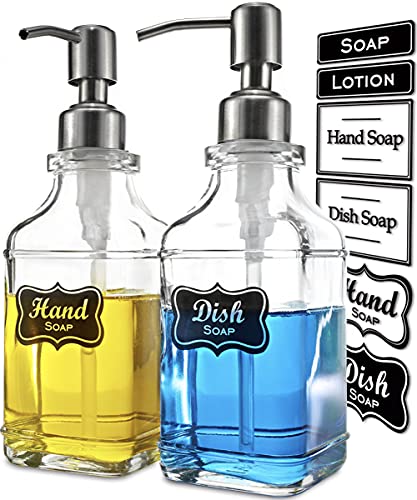JASAI 2Pack Antique Design Glass Soap Dispenser with Rust Proof 304 Stainless Steel Pump, Refillable Hand Soap Dispenser with 10Pcs Stickers, Premium Soap Dispensers for Kitchen & Bathroom (Clear)