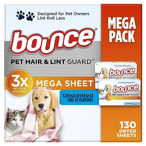 Bounce Pet Hair and Lint Guard Mega Dryer Sheets with 3X Pet Hair Fighters, Unscented, 130 Count