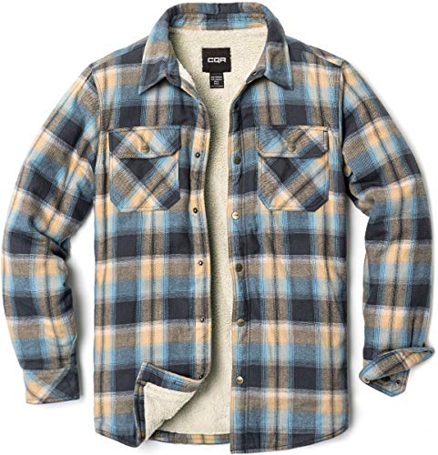 CQR Men's Plaid Flannel Shirt Jacket, Long Sleeve Soft Warm Wool/Sherpa Lined Jacket, Outdoor Button Up/Zip-Front Jacket, Sherpa Lined Ocean Sand, X-Large