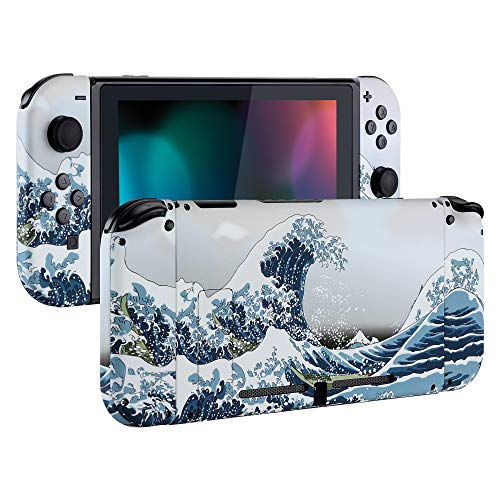 eXtremeRate DIY Replacement Shell Buttons for Nintendo Switch, Soft Touch Back Plate for Switch Console, Custom Housing Case with Full Set Buttons for Joycon Handheld Controller - The Great Wave