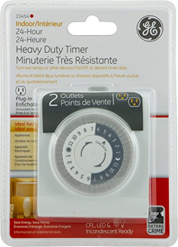 GE 15454 24 Hour On/Off 2 Outlet White Plug-In Mechanical Timer for Lamps, Security, AC Window Units, Appliances, and Holiday Lighting